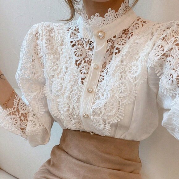 White Elegant Women's Mock Neck Victorian Lace Puff Sleeve Shirt Blouse - Picture 3 of 4